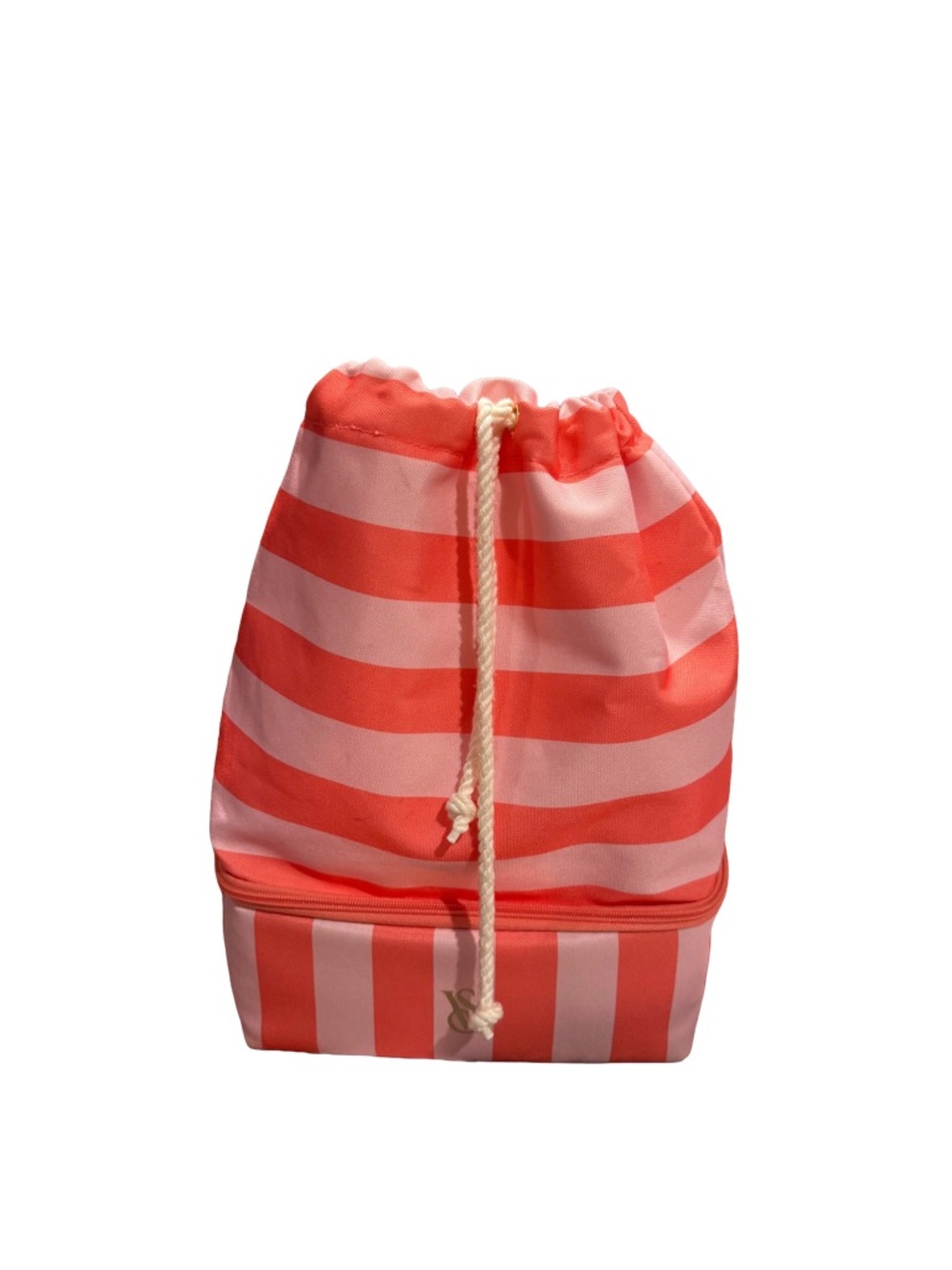 Victoria's Secret Beach Cooler Backpack | Coral & Light Pink Striped Drawstring